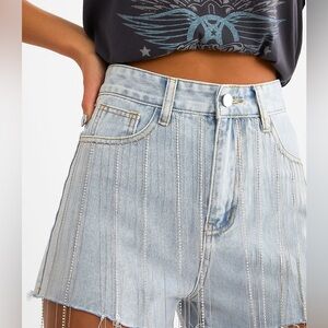 Blue B Rhinestone Fringe Denim Shorts (S) 25/26